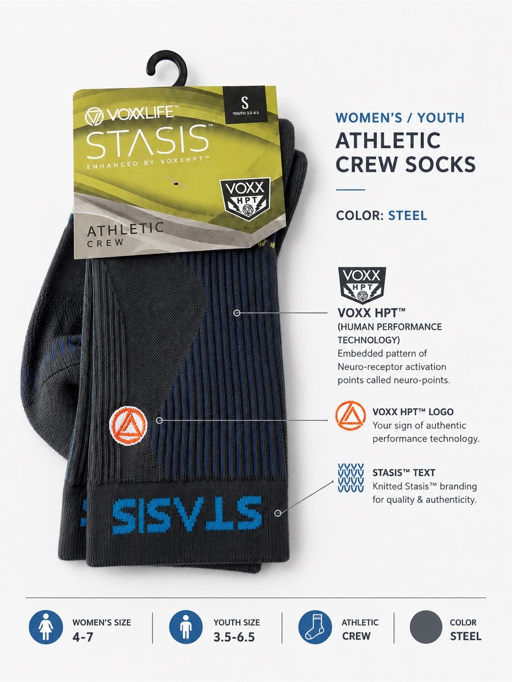 VoxxLife Stasis Socks Enhanced By VOXX HPT Athletic Crew small women’s 7-9 NEW